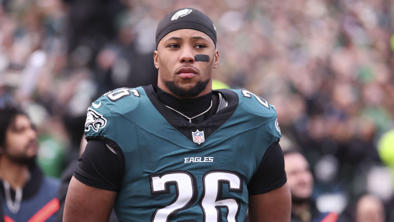 PHILADELPHIA, PENNSYLVANIA - JANUARY 26: Saquon Barkley #26 of the Philadelphia Eagles stands on the field in the NFC Championship Game against the Washington Commanders at Lincoln Financial Field on January 26, 2025 in Philadelphia, Pennsylvania.
