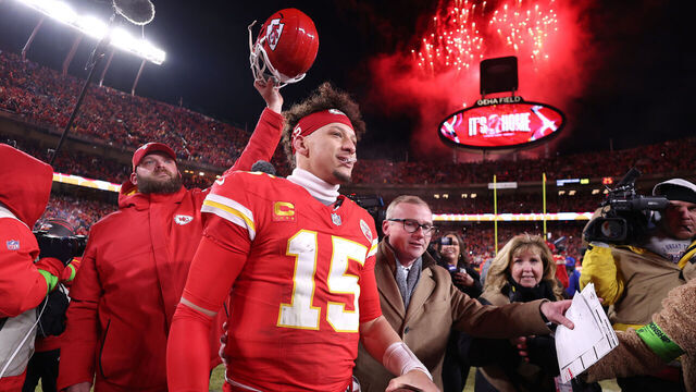 KANSAS CITY, MISSOURI - JANUARY 26: Patrick Mahomes #15 of the Kansas City Chiefs walks on the field after defeating the Buffalo Bills 32-29 in the AFC Championship Game at GEHA Field at Arrowhead Stadium on January 26, 2025 in Kansas City, Missouri.