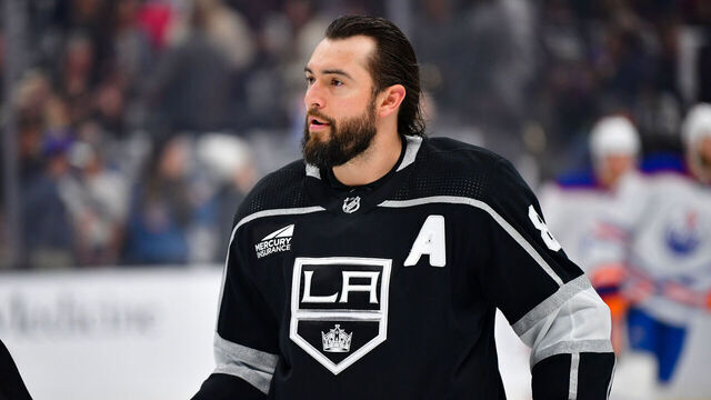 LOS ANGELES, CA - APRIL 28: Drew Doughty #8 of the Los Angeles Kings looks on the ice during warmups against the Edmonton Oilers in Game Four of the First Round of the 2024 Stanley Cup Playoffs at Crypto.com Arena on April 28, 2024 in Los Angeles, California.