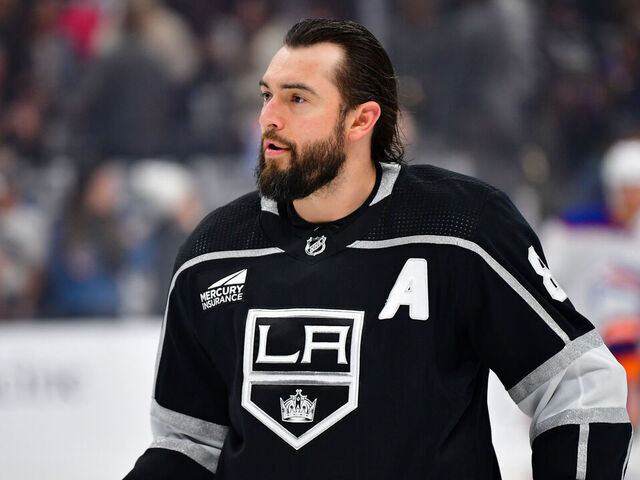 LOS ANGELES, CA - APRIL 28: Drew Doughty #8 of the Los Angeles Kings looks on the ice during warmups against the Edmonton Oilers in Game Four of the First Round of the 2024 Stanley Cup Playoffs at Crypto.com Arena on April 28, 2024 in Los Angeles, California.