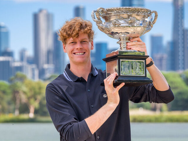 MELBOURNE, AUSTRALIA - JANUARY 27: Jannik Sinner of Italy poses with the Norman Brookes Challenge Cup during the 2025 Australian Open Men's champion media opportunity at Albert Park Lake on January 27, 2025 in Melbourne, Australia. Sinner defeated Alexander Zverev of Germany in last night's Men's Singles Final.