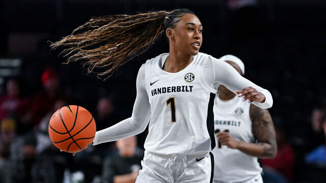 NASHVILLE, TENNESSEE - JANUARY 23: Mikayla Blakes #1 of the Vanderbilt Commodores drives towards the basket against the Arkansas Razorbacks in the second half at Vanderbilt University Memorial Gymnasium on January 23, 2025 in Nashville, Tennessee.