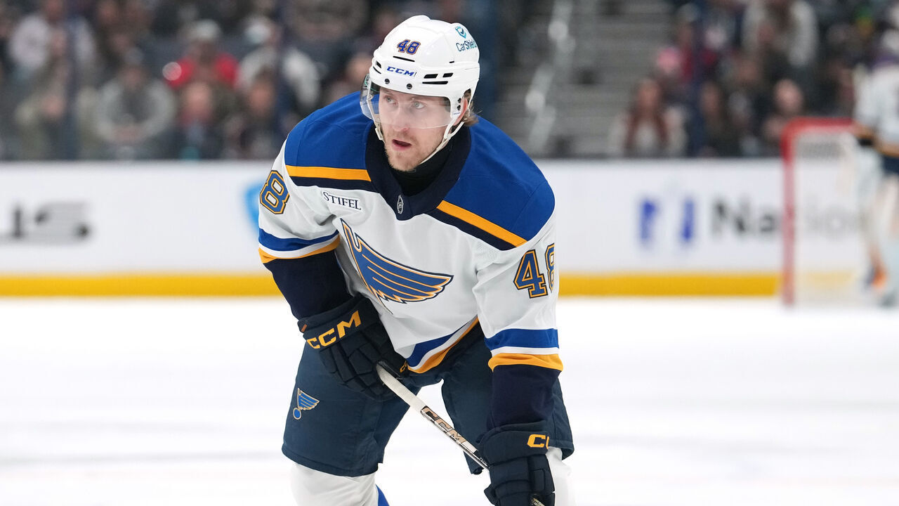 COLUMBUS, OHIO - JANUARY 04: Scott Perunovich #48 of the St. Louis Blues seen in action during the game against the Columbus Blue Jackets at Nationwide Arena on January 04, 2025 in Columbus, Ohio.