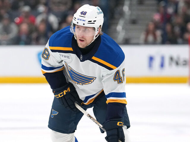 COLUMBUS, OHIO - JANUARY 04: Scott Perunovich #48 of the St. Louis Blues seen in action during the game against the Columbus Blue Jackets at Nationwide Arena on January 04, 2025 in Columbus, Ohio.