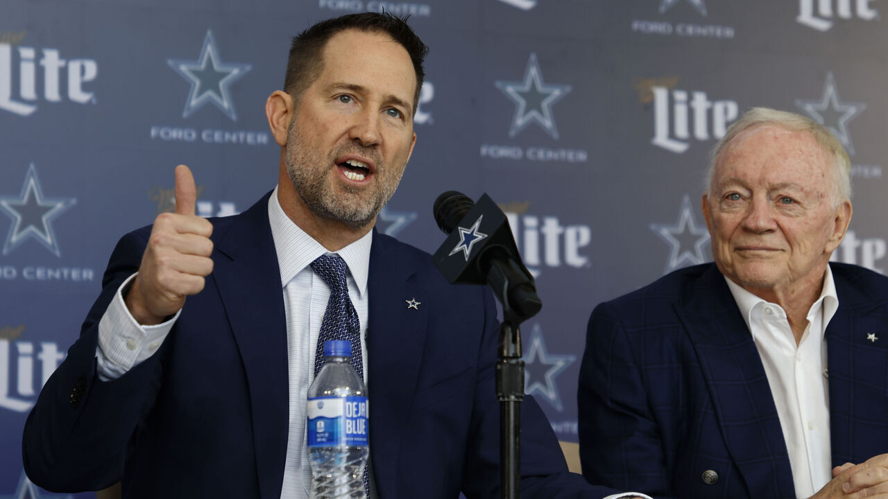 FRISCO, TEXAS - JANUARY 27: New head coach of the Dallas Cowboys Brian Schottenheimer talks during at a press conference along side team owner Jerry Jones at The Star in Frisco on January 27, 2025 in Frisco, Texas.