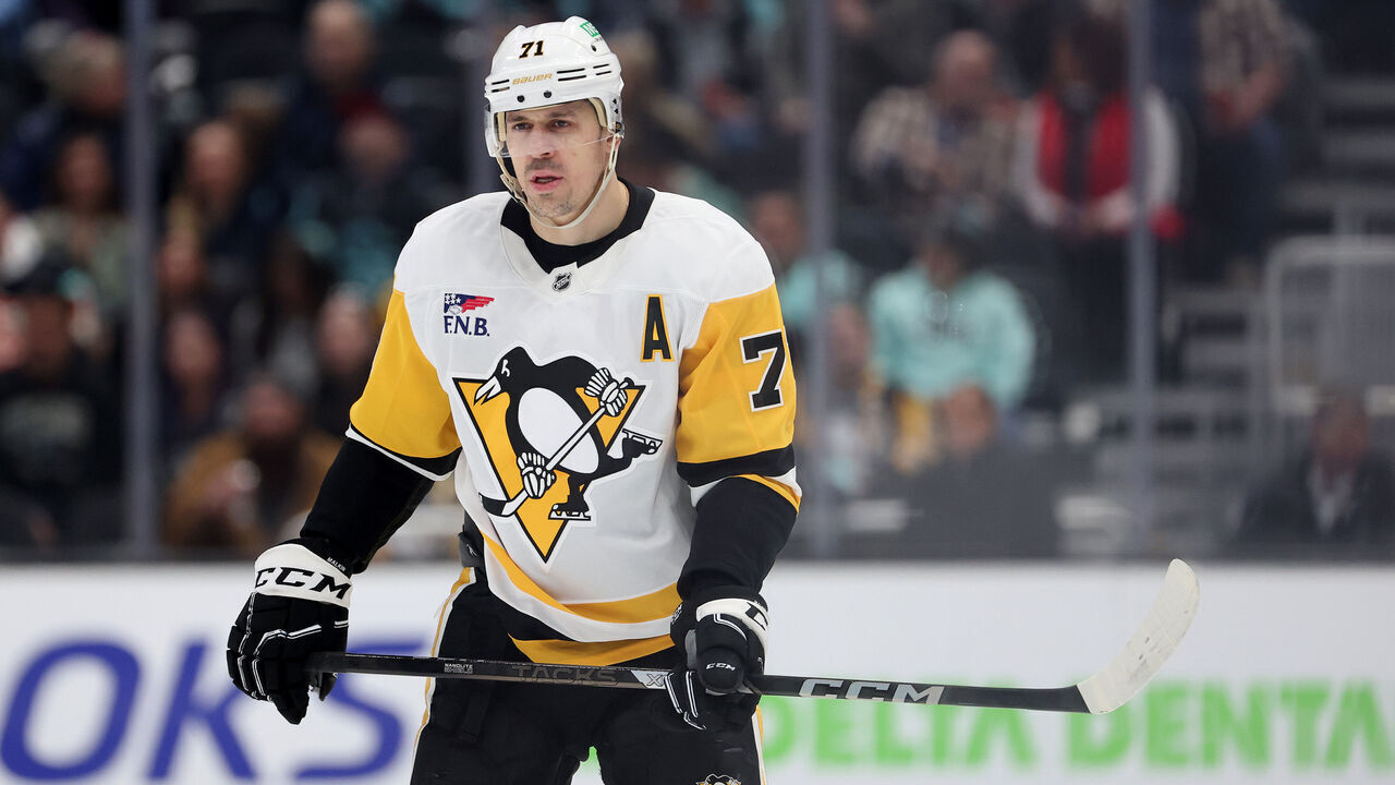 SEATTLE, WASHINGTON - JANUARY 25: Evgeni Malkin #71 of the Pittsburgh Penguins looks on against the Seattle Kraken during the first period at Climate Pledge Arena on January 25, 2025 in Seattle, Washington.