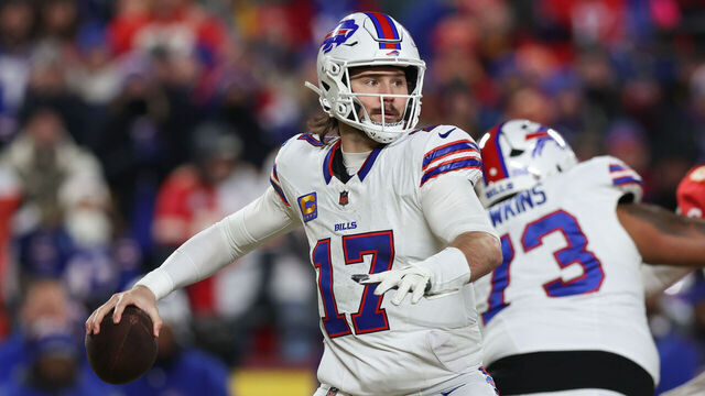 KANSAS CITY, MO - JANUARY 26: Buffalo Bills quarterback Josh Allen (17) throws a pass in the second quarter of the AFC Championship game between the Buffalo Bills and Kansas City Chiefs on January 26, 2025 at GEHA Field at Arrowhead Stadium in Kansas City, MO.
