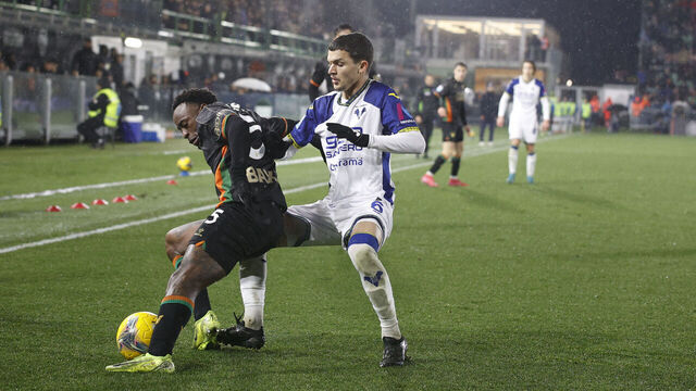 Reda Belahyane of Hellas Verona plays against Ridgeciano Haps of Venezia during the Italian Serie A Enilive soccer championship match between Venezia FC and Hellas Verona FC at Pierluigi Penzo Stadium in Venezia, Italy, on January 27, 2025.