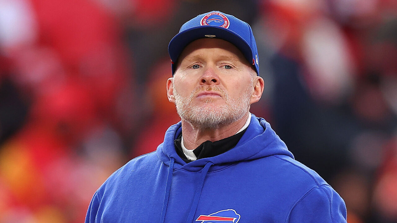 KANSAS CITY, MISSOURI - JANUARY 26: Head coach Sean McDermott of the Buffalo Bills looks on prior to playing the Kansas City Chiefs during the AFC Championship Game at GEHA Field at Arrowhead Stadium on January 26, 2025 in Kansas City, Missouri.
