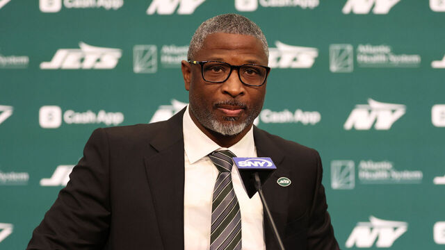 FLORHAM PARK, NEW JERSEY - JANUARY 27: New York Jets head coach Aaron Glenn is introduced to the media at Atlantic Health Jets Training Center on January 27, 2025 in Florham Park, New Jersey.