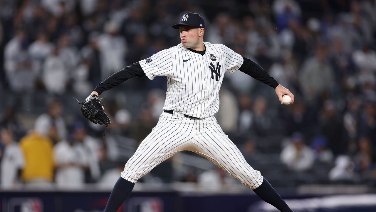 NEW YORK, NEW YORK - OCTOBER 29: Tim Mayza #58 of the New York Yankees pitches during the ninth inning of Game Four of the 2024 World Series against the Los Angeles Dodgers at Yankee Stadium on October 29, 2024 in the Bronx borough of New York City.