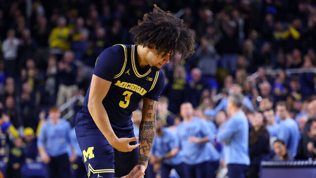 ANN ARBOR, MICHIGAN - JANUARY 27: Tre Donaldson #3 of the Michigan Wolverines reacts to a late second half basket while playing the Penn State Nittany Lions at Crisler Arena on January 27, 2025 in Ann Arbor, Michigan. Michigan won the game 76-72.