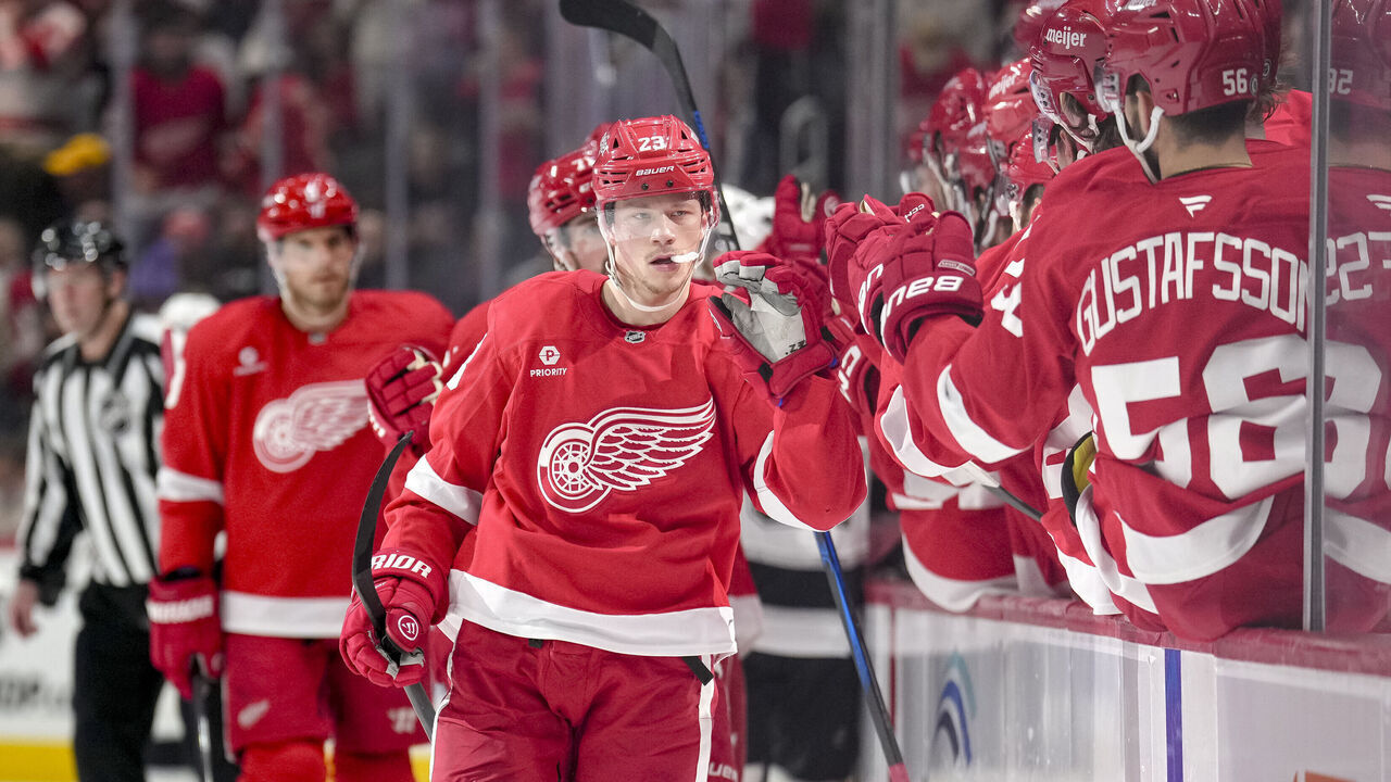 DETROIT, MICHIGAN - JANUARY 27: Lucas Raymond #23 of the Detroit Red Wings celebrates after scoring a goal against the Los Angeles Kings during the first period at Little Caesars Arena on January 27, 2025 in Detroit, Michigan.