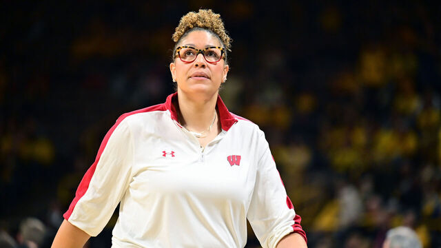 IOWA CITY, IA - FEBRUARY 15: Wisconsin coach Marisa Moseley as seen at halftime during a women's college basketball game between the Wisconsin Badgers and the Iowa Hawkeyes on February 15, 2023, at Carver-Hawkeye Arena in Iowa City, IA