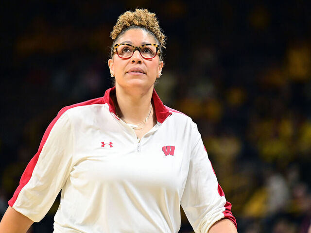 IOWA CITY, IA - FEBRUARY 15: Wisconsin coach Marisa Moseley as seen at halftime during a women's college basketball game between the Wisconsin Badgers and the Iowa Hawkeyes on February 15, 2023, at Carver-Hawkeye Arena in Iowa City, IA