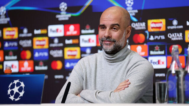 MANCHESTER, ENGLAND - JANUARY 28: Pep Guardiola, Manchester City Manager speaks to the media during a press conference during the UEFA Champions League 2024/25 League Phase MD8 training and press conference at Manchester City Football Academy on January 28, 2025 in Manchester, England.