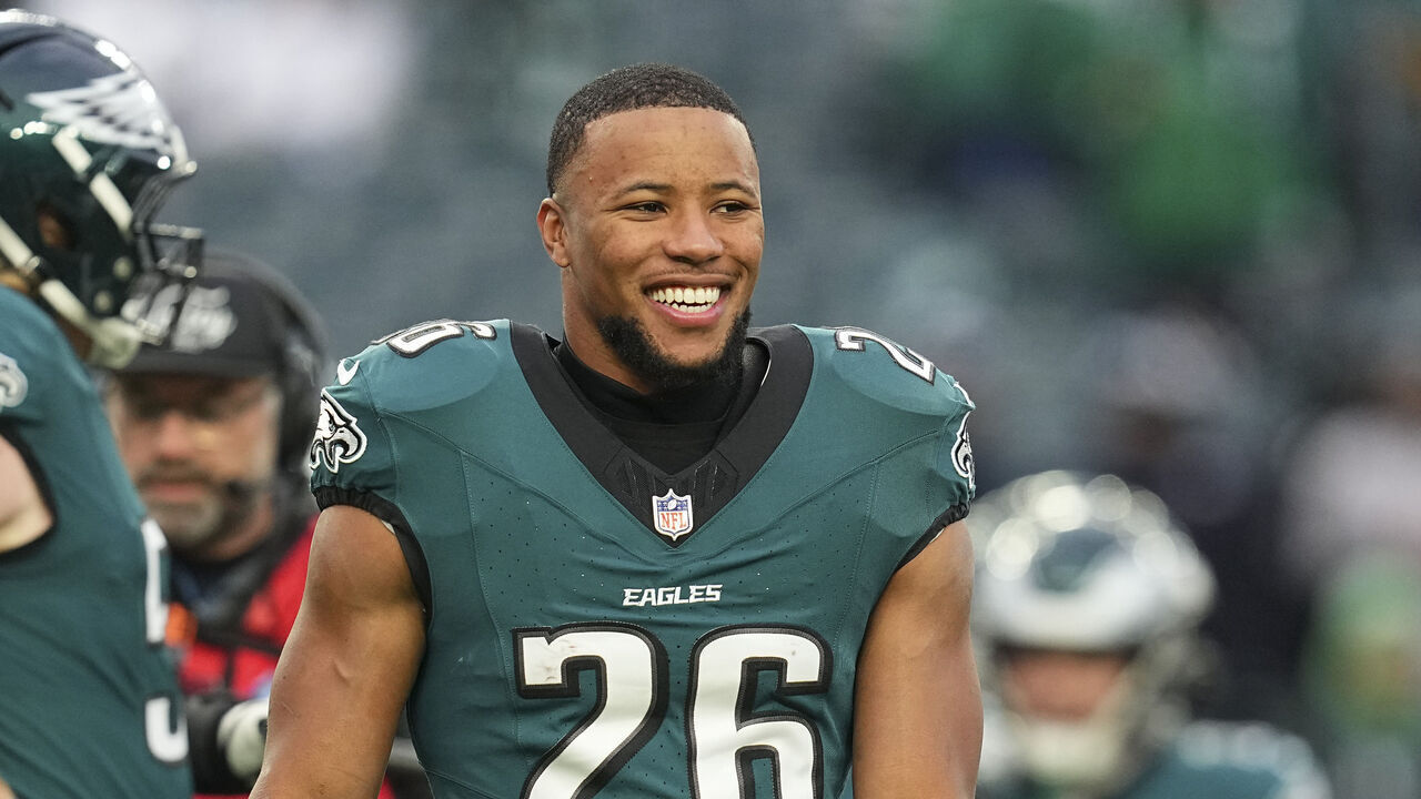 PHILADELPHIA, PENNSYLVANIA - DECEMBER 15: Saquon Barkley #26 of the Philadelphia Eagles smiles against the Pittsburgh Steelers at Lincoln Financial Field on December 15, 2024 in Philadelphia, Pennsylvania.