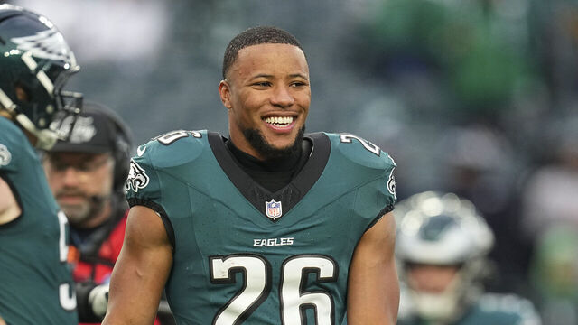 PHILADELPHIA, PENNSYLVANIA - DECEMBER 15: Saquon Barkley #26 of the Philadelphia Eagles smiles against the Pittsburgh Steelers at Lincoln Financial Field on December 15, 2024 in Philadelphia, Pennsylvania.