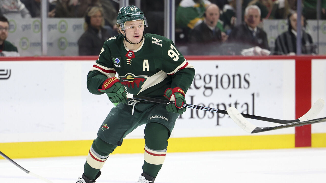 ST PAUL, MINNESOTA - JANUARY 23: Kirill Kaprizov #97 of the Minnesota Wild skates up the ice in the second period of a game against the Utah Hockey Club at Xcel Energy Center on January 23, 2025 in St Paul, Minnesota.