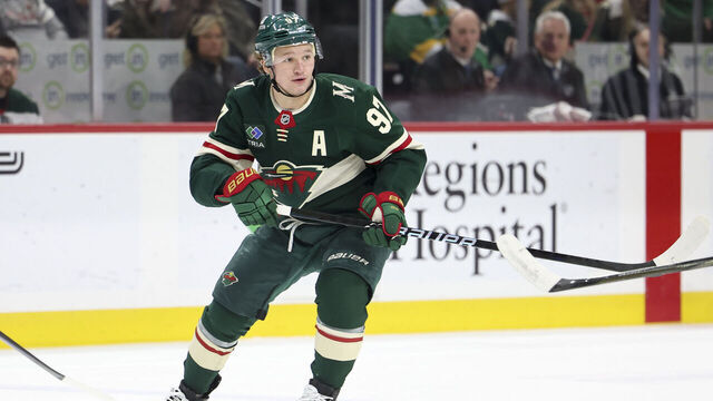 ST PAUL, MINNESOTA - JANUARY 23: Kirill Kaprizov #97 of the Minnesota Wild skates up the ice in the second period of a game against the Utah Hockey Club at Xcel Energy Center on January 23, 2025 in St Paul, Minnesota.