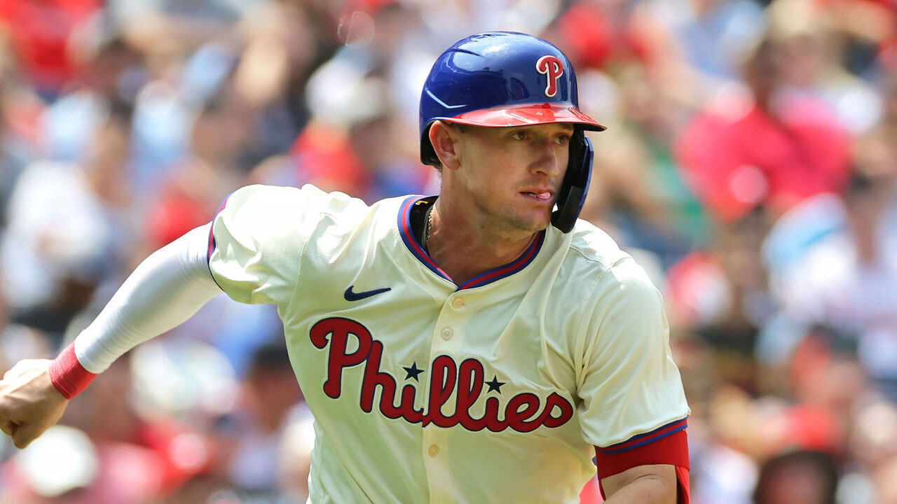 PHILADELPHIA, PENNSYLVANIA - JULY 28: Austin Hays #9 of the Philadelphia Phillies during a game against the Cleveland Guardians at Citizens Bank Park on July 28, 2024 in Philadelphia, Pennsylvania. The Guardians won 4-3.