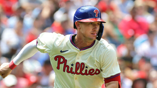 PHILADELPHIA, PENNSYLVANIA - JULY 28: Austin Hays #9 of the Philadelphia Phillies during a game against the Cleveland Guardians at Citizens Bank Park on July 28, 2024 in Philadelphia, Pennsylvania. The Guardians won 4-3.