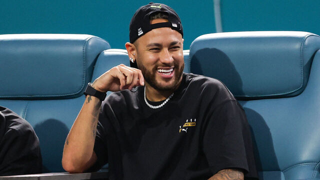 MIAMI GARDENS, FLORIDA - MARCH 25: Neymar attends a match between Carlos Alcaraz of Spain and Gael Monfils of France during the Miami Open at Hard Rock Stadium on March 25, 2024 in Miami Gardens, Florida.