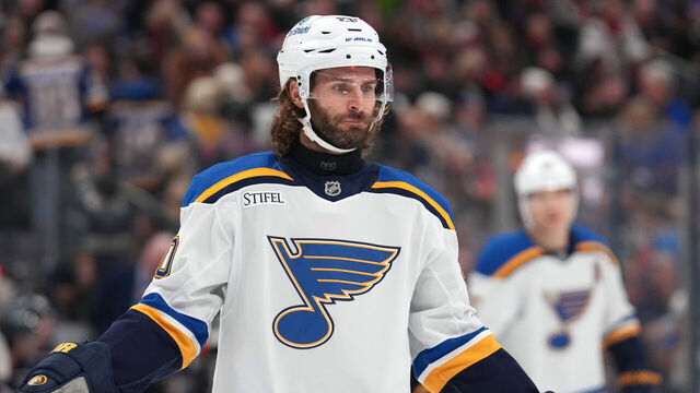 COLUMBUS, OHIO - JANUARY 04: Brandon Saad #20 of the St. Louis Blues seen in action during the game against the Columbus Blue Jackets at Nationwide Arena on January 04, 2025 in Columbus, Ohio.