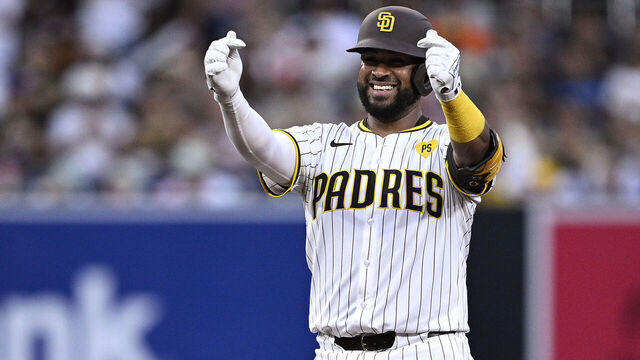 SAN DIEGO, CALIFORNIA - SEPTEMBER 05: Elias Diaz #15 of the San Diego Padres celebrates his double against the Detroit Tigers in the fifth inning at Petco Park on September 05, 2024 in San Diego, California.