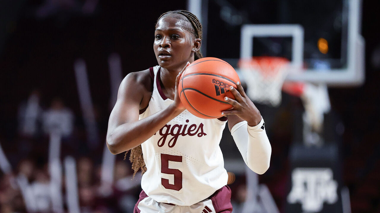 COLLEGE STATION, TEXAS - JANUARY 23: Aicha Coulibaly #5 of the Texas A&M Aggies handles the ball against the Kentucky Wildcats during the first half at Reed Arena on January 23, 2025 in College Station, Texas.