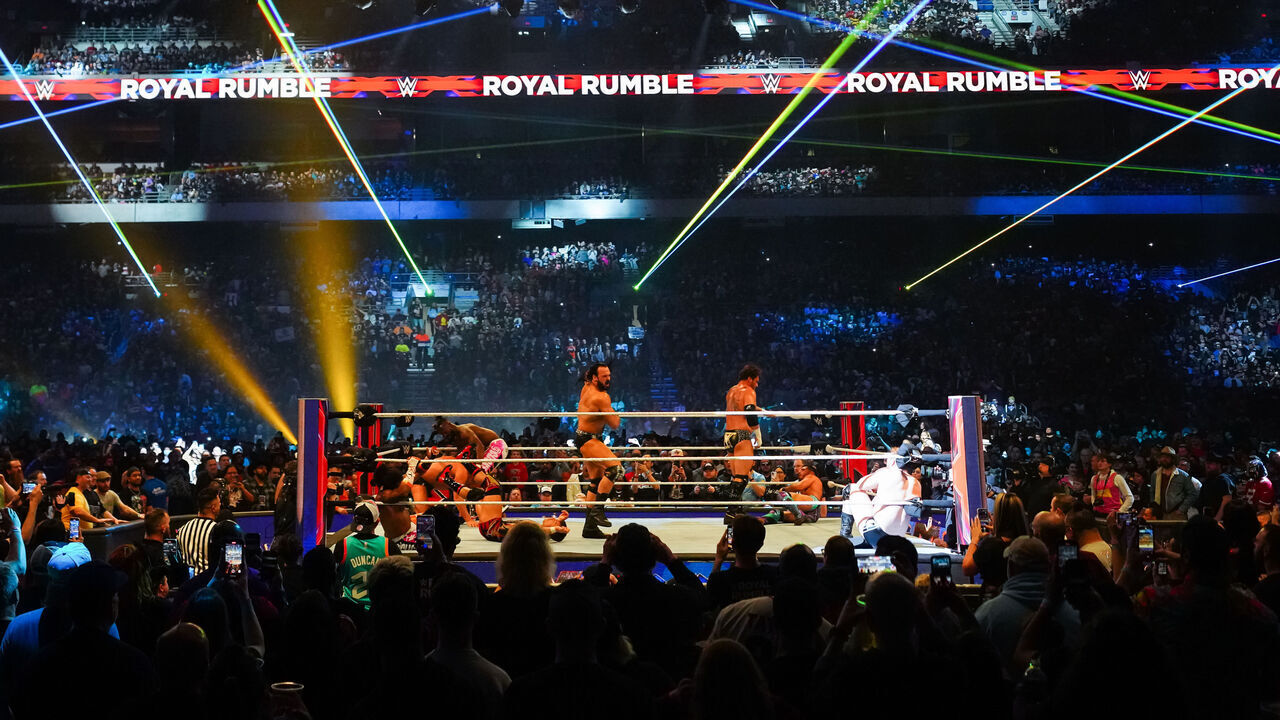 SAN ANTONIO, TEXAS - JANUARY 28: A general view of the action during the WWE Royal Rumble at the Alamodome on January 28, 2023 in San Antonio, Texas.