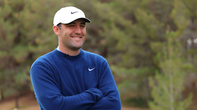 LAS VEGAS, NEVADA - DECEMBER 16: Scottie Scheffler of the PGA Tour smiles before The Showdown: McIlroy and Scheffler v DeChambeau and Koepka at Shadow Creek Golf Course on December 16, 2024 in Las Vegas, Nevada.