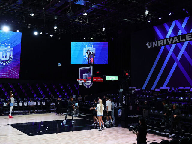 MEDLEY, FLORIDA - JANUARY 17: General view of the court prior to the game between the Mist and the Lunar Owls at The Mediapro Studio on January 17, 2025 in Medley, Florida.
