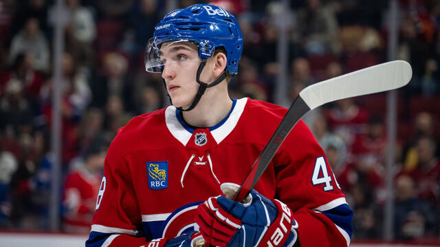 MONTREAL, QC - JANUARY 19: Lane Hutson (48) of the Montreal Canadiens waits for play to begin during the second period of the NHL game between the New York Rangers and the Montreal Canadiens on Jan 19 2025, at the Bell Centre in Montreal, QC