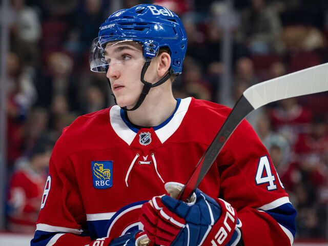 MONTREAL, QC - JANUARY 19: Lane Hutson (48) of the Montreal Canadiens waits for play to begin during the second period of the NHL game between the New York Rangers and the Montreal Canadiens on Jan 19 2025, at the Bell Centre in Montreal, QC