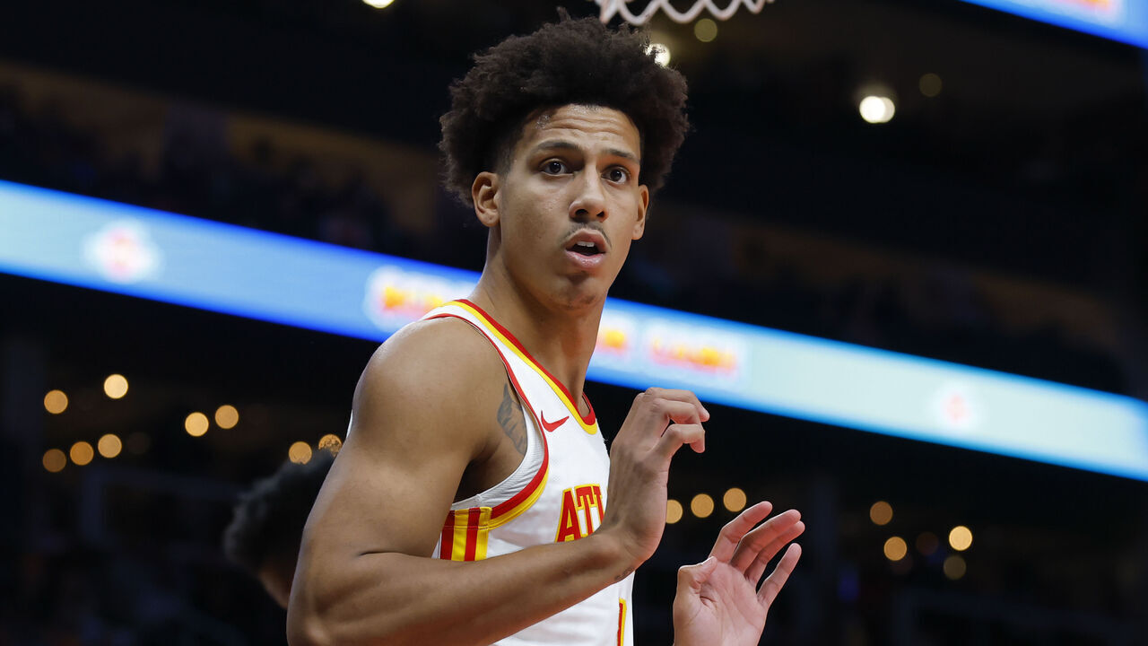ATLANTA, GEORGIA - DECEMBER 2: Jalen Johnson #1 of the Atlanta Hawks reacts during the fourth quarter against the New Orleans Pelicans at State Farm Arena on December 2, 2024 in Atlanta, Georgia.