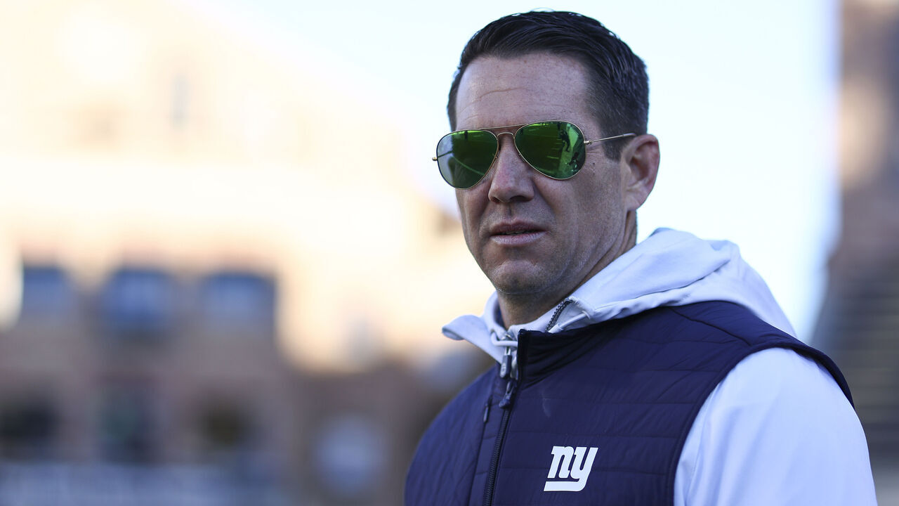 BOULDER, COLORADO - NOVEMBER 16: New York Giants general manager Joe Schoen on the sideline prior to the game between the Colorado Buffaloes and the Utah Utes at Folsom Field on November 16, 2024 in Boulder, Colorado.