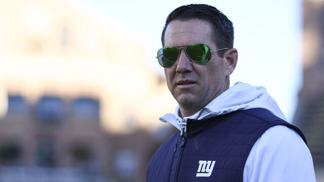 BOULDER, COLORADO - NOVEMBER 16: New York Giants general manager Joe Schoen on the sideline prior to the game between the Colorado Buffaloes and the Utah Utes at Folsom Field on November 16, 2024 in Boulder, Colorado.