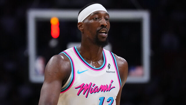 MIAMI, FLORIDA - JANUARY 27: Bam Adebayo #13 of the Miami Heat looks on against the Orlando Magic during the second quarter at Kaseya Center on January 27, 2025 in Miami, Florida.