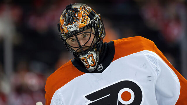 NEWARK, NEW JERSEY - JANUARY 18: Samuel Ersson #33 of the Philadelphia Flyers skates during warmups prior to the game against the New Jersey Devils at Prudential Center on January 18, 2025 in Newark, New Jersey.
