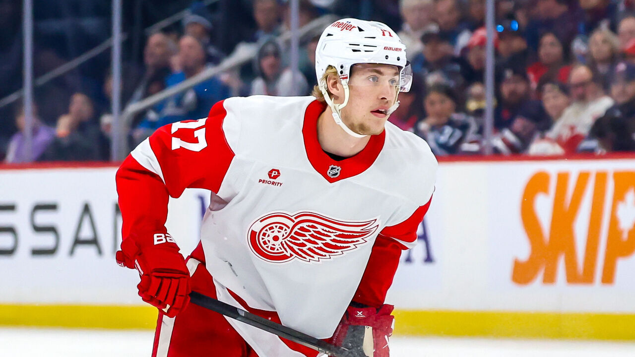 WINNIPEG, CANADA - JANUARY 04: Simon Edvinsson #77 of the Detroit Red Wings skates during first period action against the Winnipeg Jets at Canada Life Centre on January 04, 2025 in Winnipeg, Manitoba, Canada.