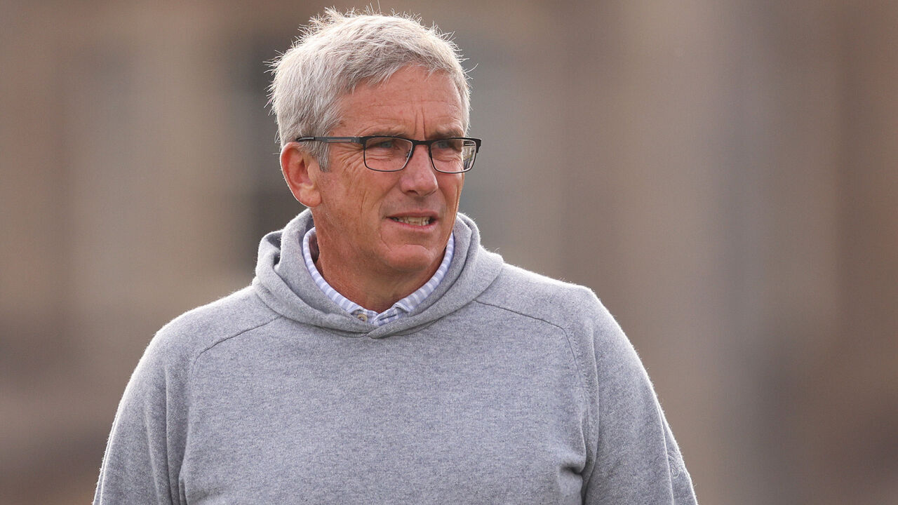 ST ANDREWS, SCOTLAND - OCTOBER 05: Jay Monahan, Commissioner of the PGA Tour looks across the first green during day three of the Alfred Dunhill Links Championship 2024 at the Old Course at St Andrews on October 05, 2024 in St Andrews, Scotland.