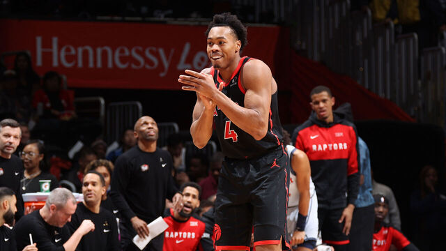 WASHINGTON, DC - JANUARY 29: Scottie Barnes #4 of the Toronto Raptors celebrates during the game against the Washington Wizards on January 29, 2025 at Capital One Arena in Washington, DC. Mandatory Copyright Notice: Copyright 2025 NBAE