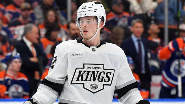 EDMONTON, CANADA - JANUARY 13: Brandt Clarke #92 of the Los Angeles Kings awaits a face-off during the game against the Edmonton Oilers at Rogers Place on January 13, 2025, in Edmonton, Alberta, Canada.