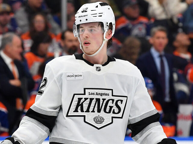 EDMONTON, CANADA - JANUARY 13: Brandt Clarke #92 of the Los Angeles Kings awaits a face-off during the game against the Edmonton Oilers at Rogers Place on January 13, 2025, in Edmonton, Alberta, Canada.