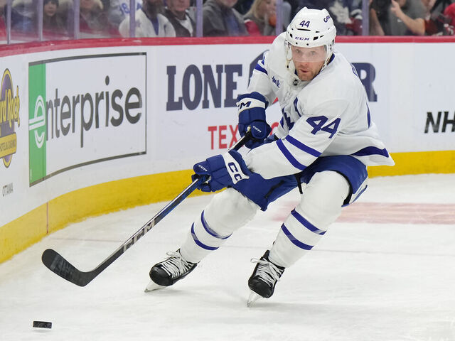 OTTAWA, CANADA - JANUARY 25: Morgan Rielly #44 of the Toronto Maple Leafs skates against the Ottawa Senators at Canadian Tire Centre on January 25, 2025 in Ottawa, Ontario, Canada.