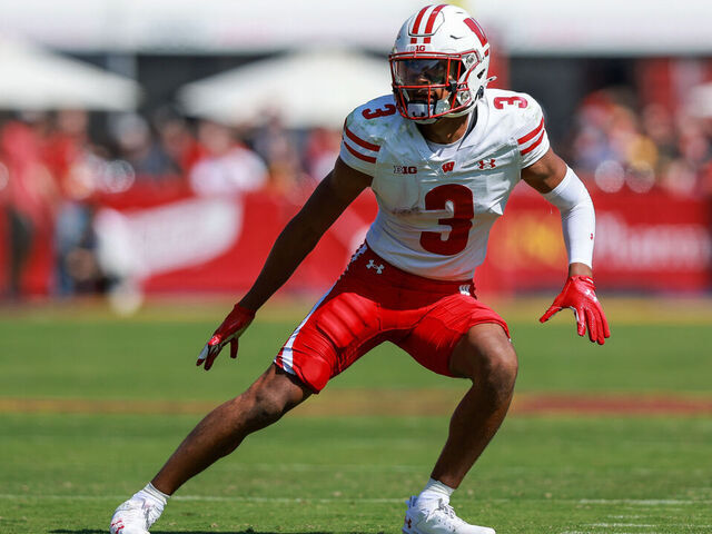 LOS ANGELES, CA - SEPTEMBER 28: Wisconsin Badgers cornerback Nyzier Fourqurean (3) drops back into coverage during a college football game between the Wisconsin Badgers against the USC Trojans on September 28, 2024, at United Airlines Field at The Los Angeles Memorial Coliseum in Los Angeles, CA.