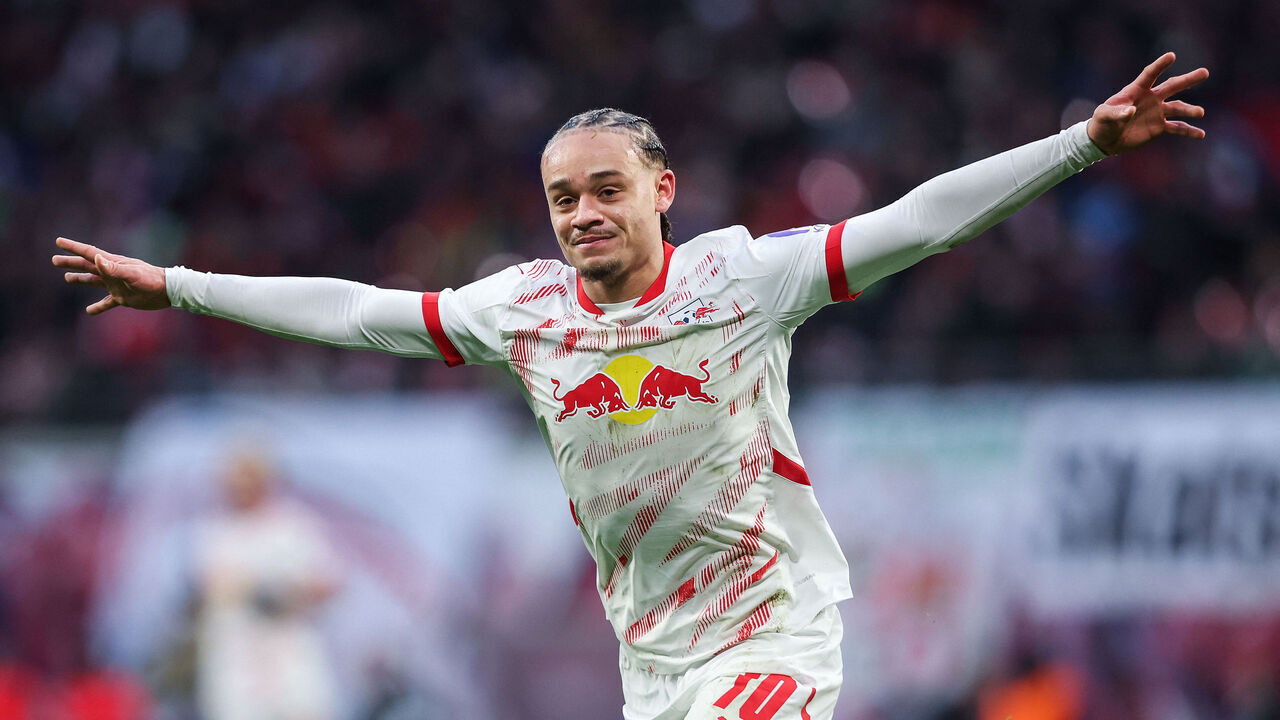 Leipzig's Dutch midfielder #10 Xavi Simons celebrates scoring his team's second goal during the German first division Bundesliga football match between RB Leipzig and SV Werder Bremen in Leipzig, eastern Germany on January 12, 2025.