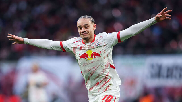 Leipzig's Dutch midfielder #10 Xavi Simons celebrates scoring his team's second goal during the German first division Bundesliga football match between RB Leipzig and SV Werder Bremen in Leipzig, eastern Germany on January 12, 2025.