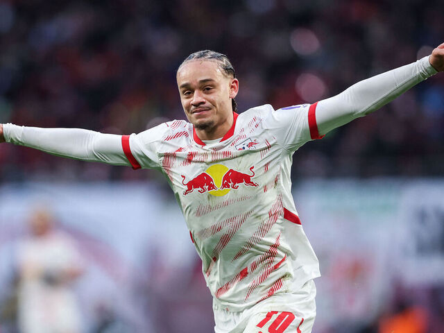 Leipzig's Dutch midfielder #10 Xavi Simons celebrates scoring his team's second goal during the German first division Bundesliga football match between RB Leipzig and SV Werder Bremen in Leipzig, eastern Germany on January 12, 2025.